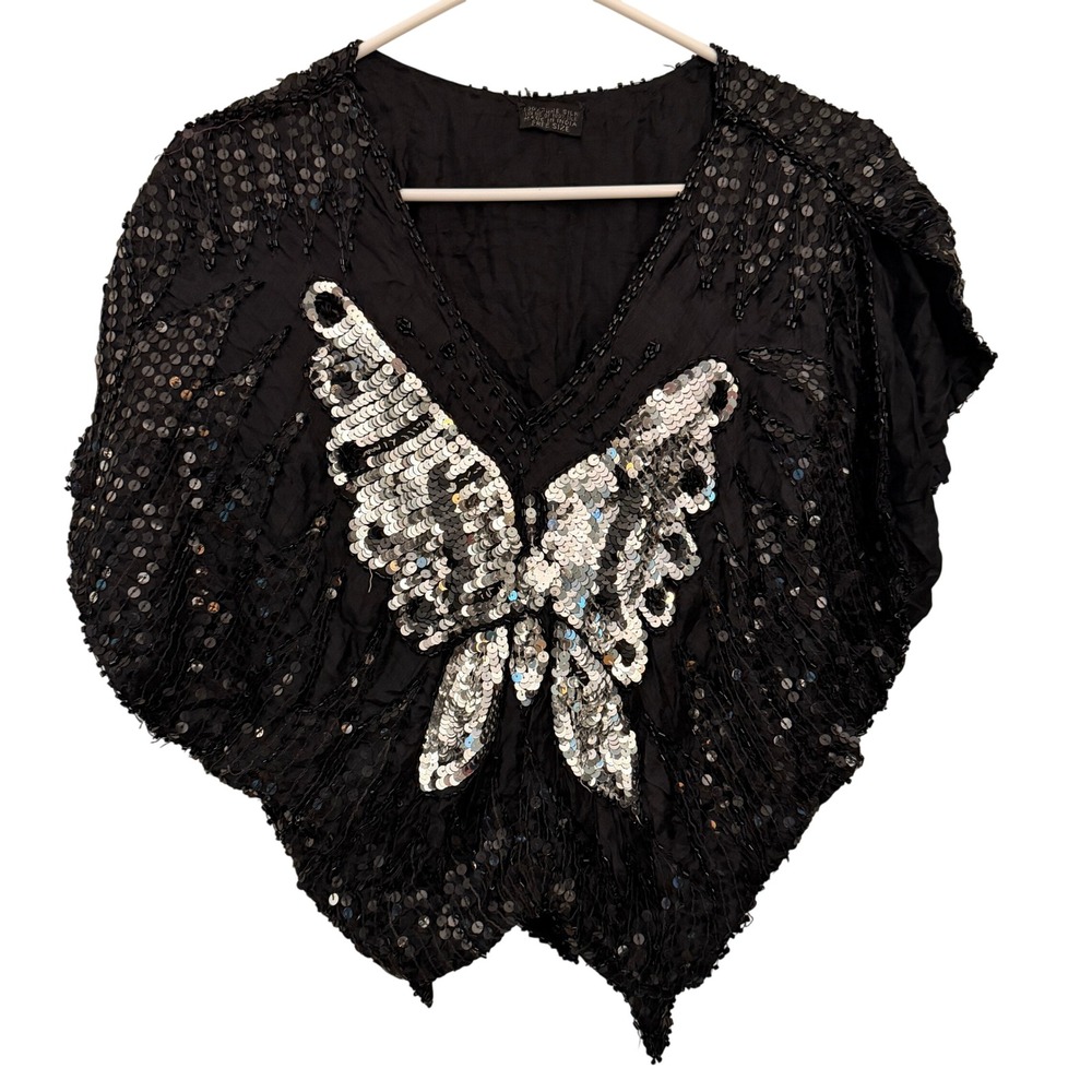 Unbranded Butterfly Sequin Top Womens OS Black Silver Good Silk‎ Beaded Vintage